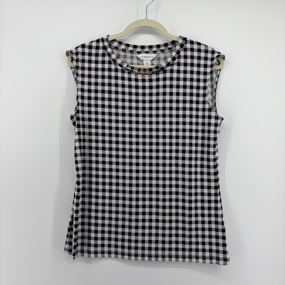 Liz Claiborne Womens S Black White Gingham Sleeveless Crew Neck Top Checkered